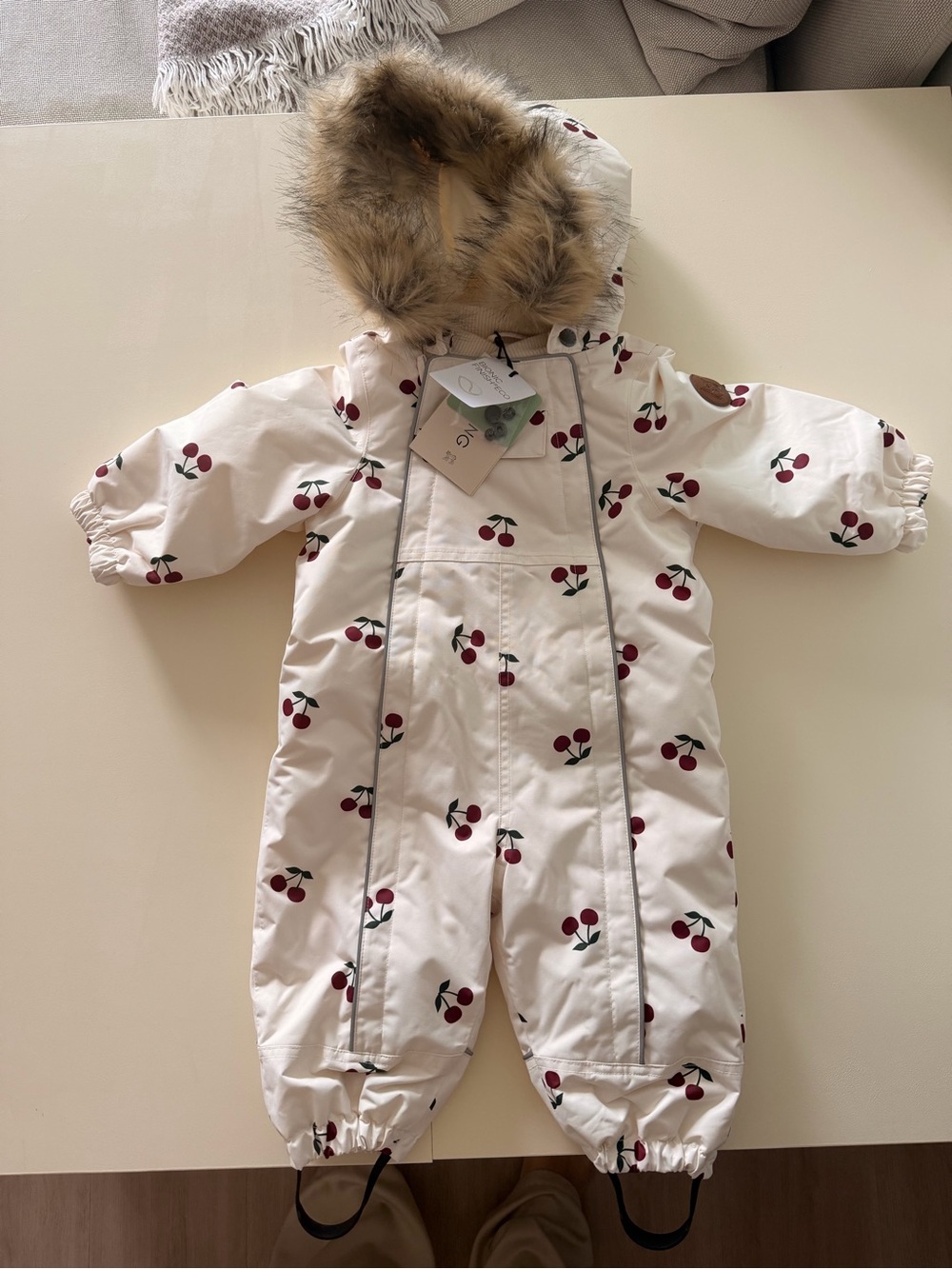 BNWT Kuling Cherry Print Winter Snowsuit with Faux Fur Hood